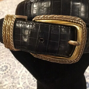 Brighton Vtg Black Midnight‎ Blue Croc Embossed Bel